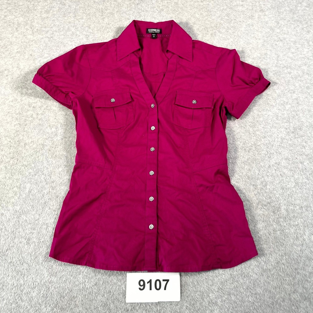 Express Essential Shirt Womens XS Burgundy Cotton Stretch Puff Sleeve Button Up